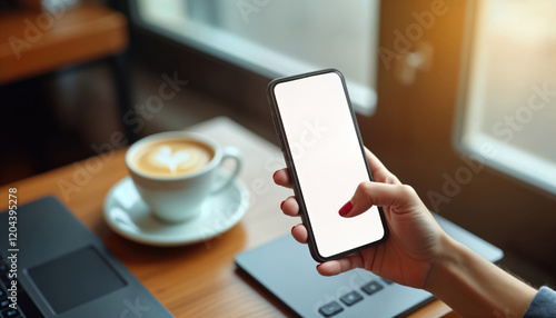 Woman holds blank phone. Works in cafe. Coffee cup, laptop on wooden table. Modern tech. Working woman concept. Indoor setting. Empty screen mockup. Business, digital era. Hand touches screen.
