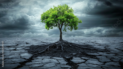 Árbol solitario sobre tierra seca bajo un cielo tormentoso