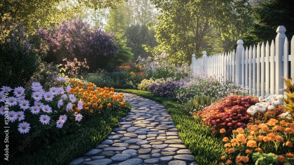Naklejka premium Serene Garden Path With Colorful Flowers And White Fence