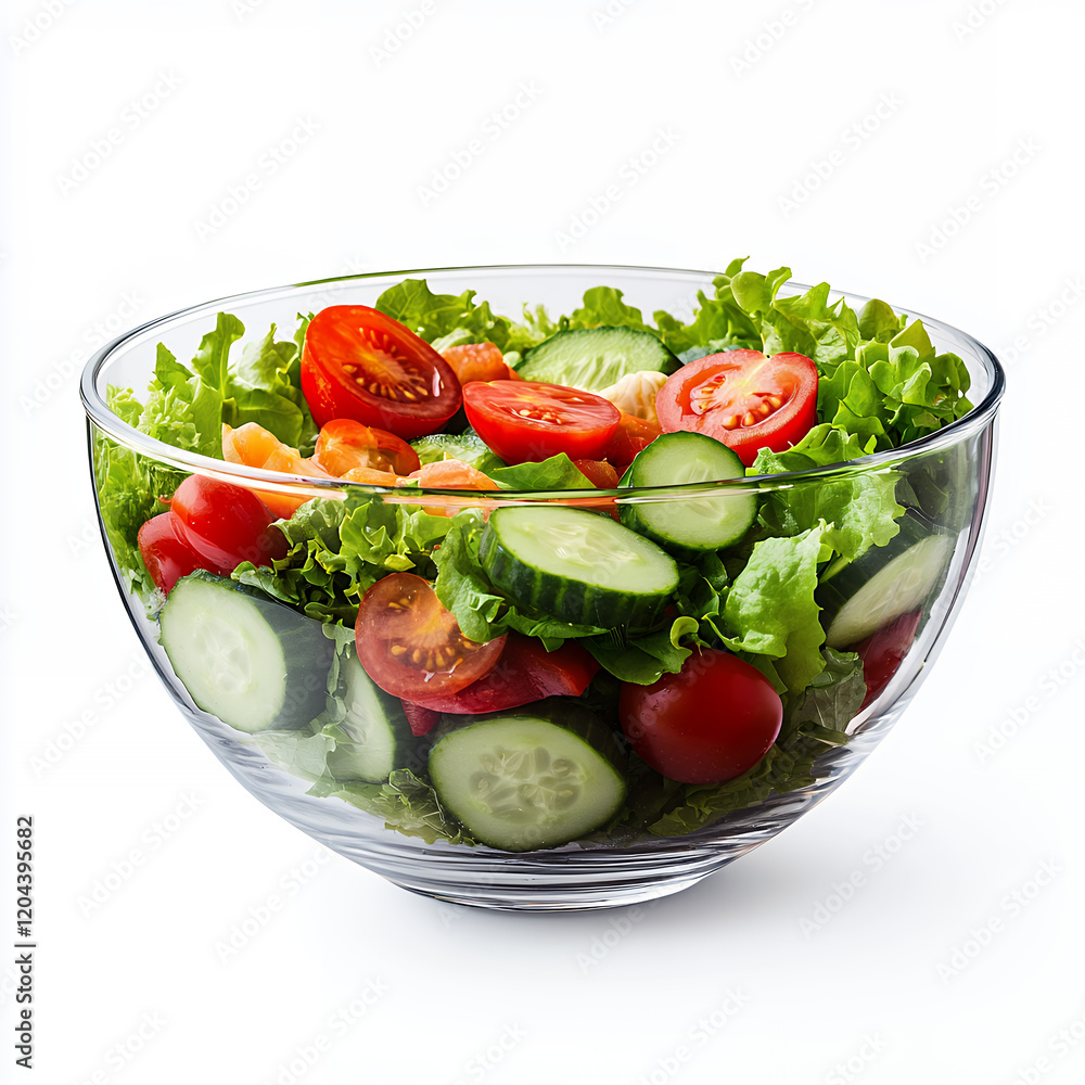 Fresh Salad with Tomatoes, Cucumbers, and Lettuce in a Glass Bowl
