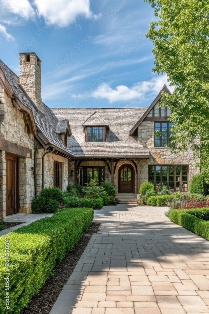 Elegant stone home with landscaped garden and inviting entryway under a bright blue sky in a serene residential neighborhood Elegant stone home with landscaped garden and inviting entryway under a bright blue sky in a serene residential neighborhood