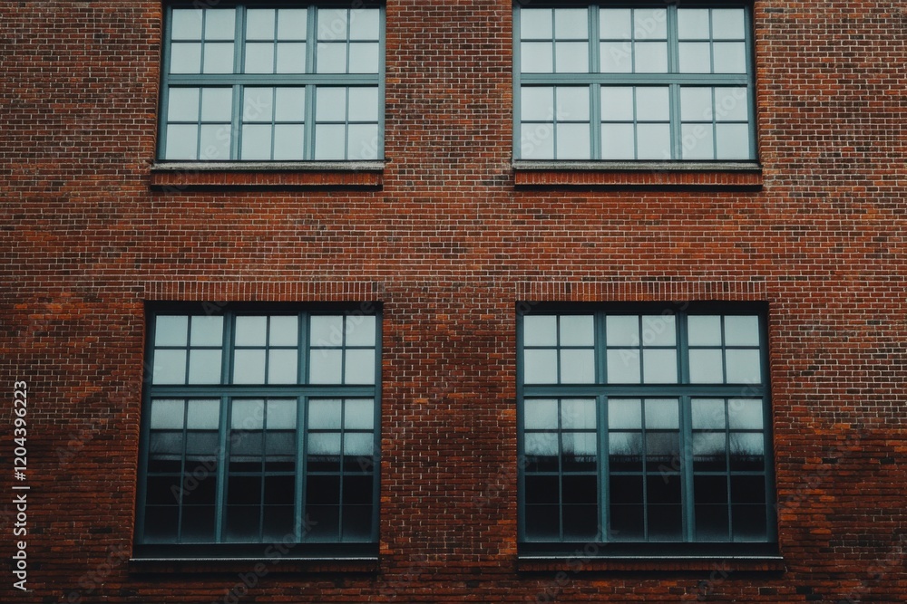 Obraz premium Urban architecture showcases a red brick facade with large window panes reflecting the overcast sky in a contemporary city setting during the early evening hours