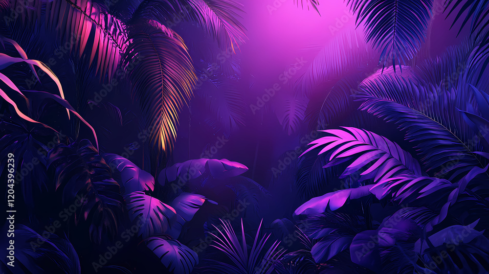 Illuminated jungle oasis - neon glow on tropical foliage in moody ambiance. Neon Jungle. Illustration Illuminated jungle oasis - neon glow on tropical foliage in moody ambiance. Neon Jungle. Illustration