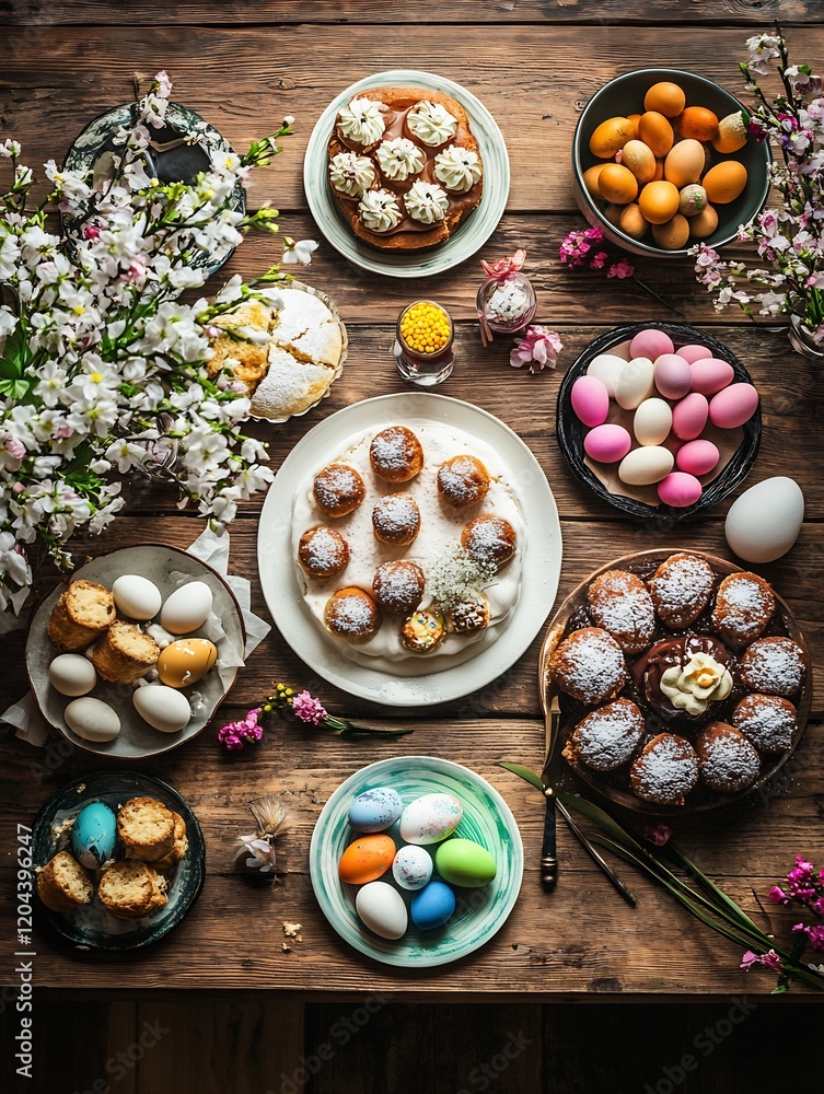 Rustic Easter Feast: Vibrant Painted Eggs Sweet Treats. AI Generated Rustic Easter Feast: Vibrant Painted Eggs Sweet Treats. AI Generated