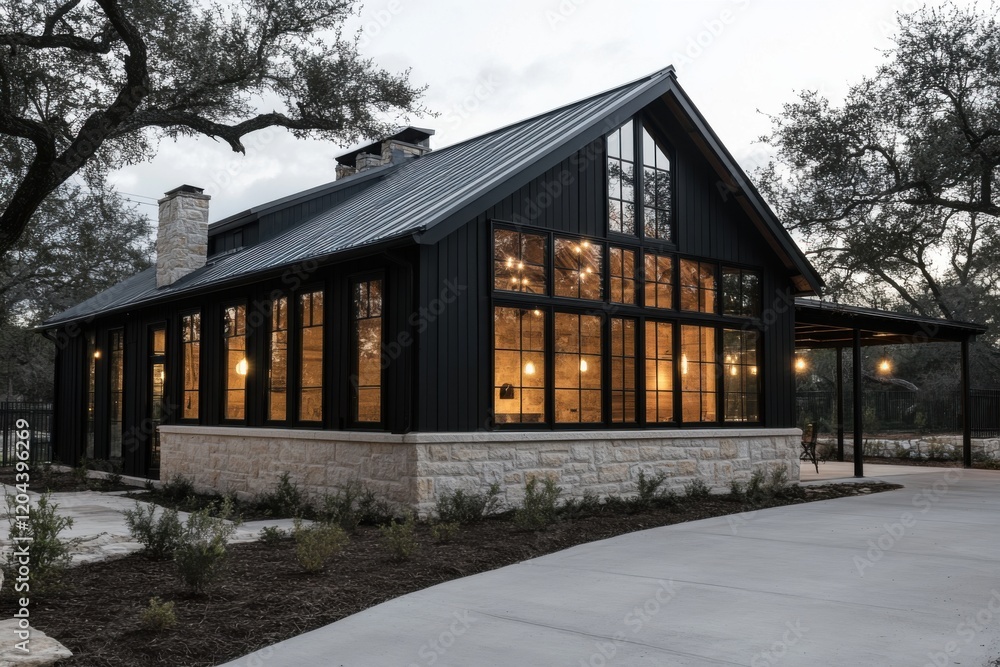 A contemporary black house features expansive windows that beautifully illuminate with warm lights, creating a stunning glow during twilight hours A contemporary black house features expansive windows that beautifully illuminate with warm lights, creating a stunning glow during twilight hours
