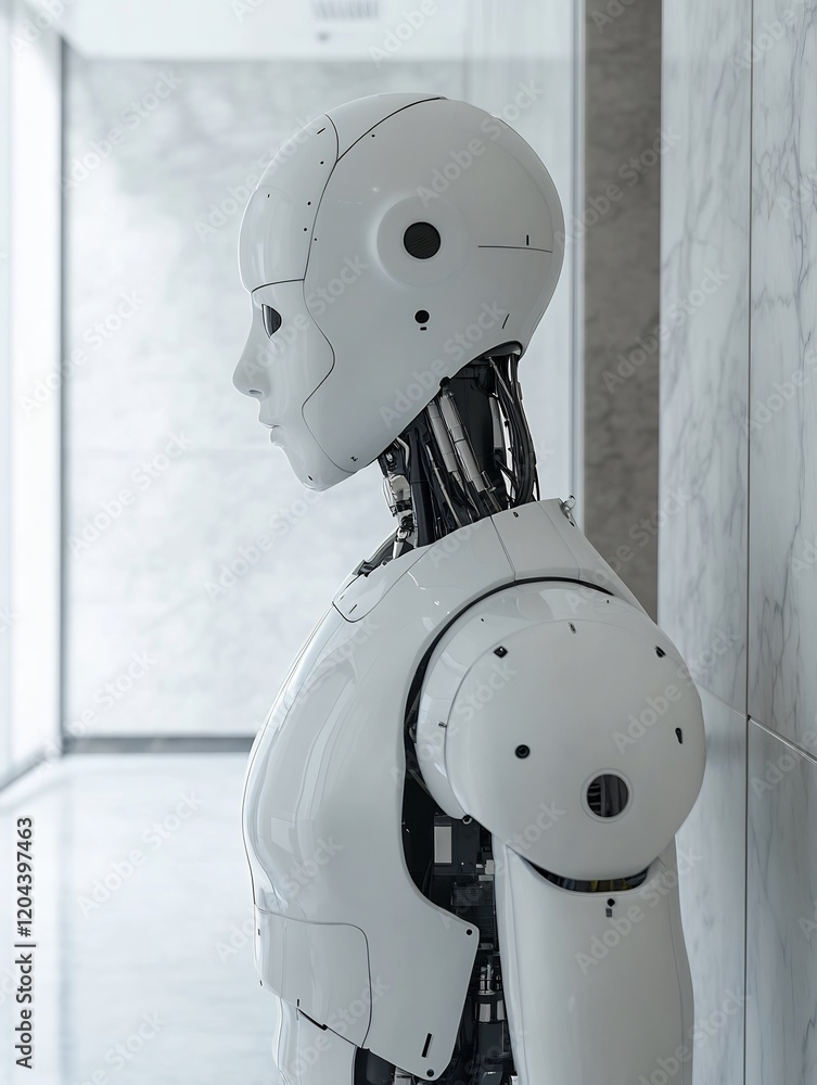 Naklejka premium Humanoid Robot Stands Calmly in Modern Hallway. AI Generated