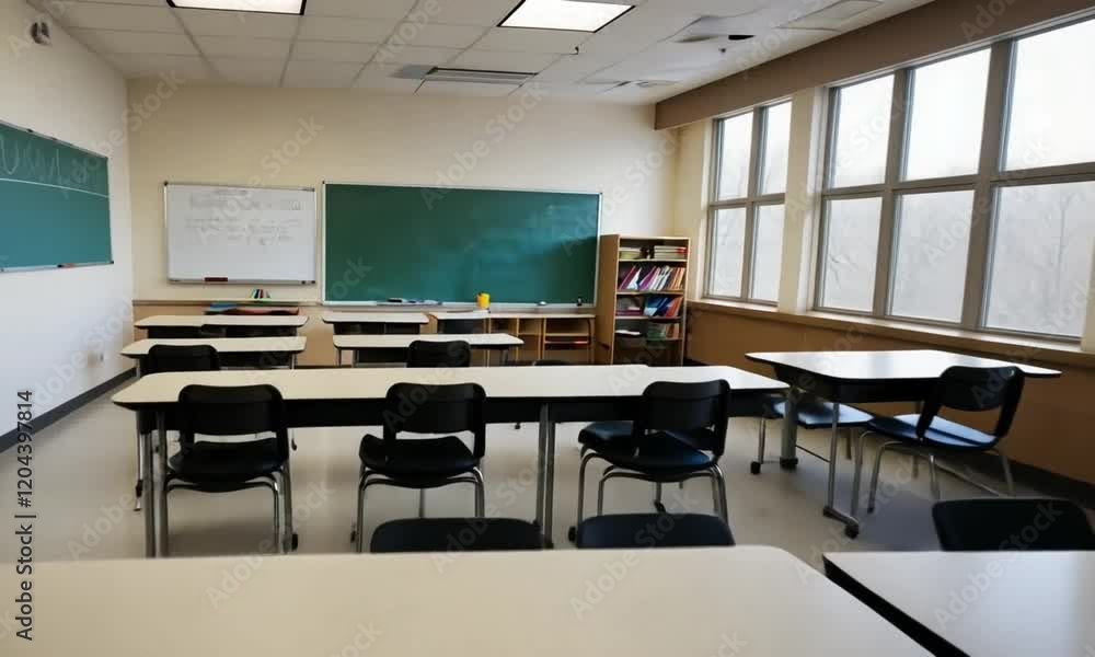 Classroom with class animation. Rays of light falling to the empty dark classroom. The camera panning behind rows of desks and chairs. Teaching class without students during a break. Classroom with class animation. Rays of light falling to the empty dark classroom. The camera panning behind rows of desks and chairs. Teaching class without students during a break.