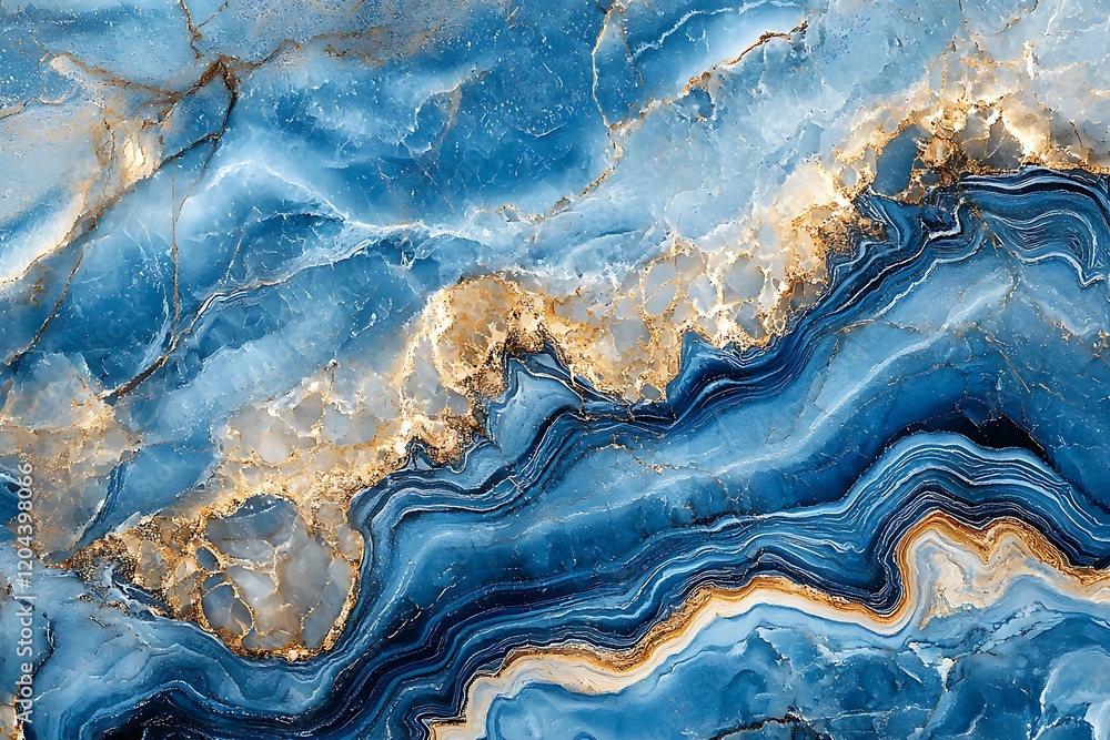 Fototapeta premium Abstract ocean waves, golden veins, blue marble texture, fluid art, geode slice, aerial coastal view, swirling patterns, acrylic pour painting, luxury mineral stone, turquoise and gold, dynamic flow, 