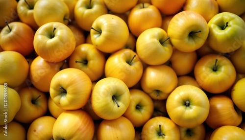 Close-up view of large pile of yellow apples. Ripe yellow apples densely packed together. Fresh healthy produce. Uniformity, abundance of fruit. Perfect for grocery store display. Perfect for farmer photo