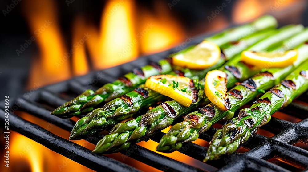 Grilled Asparagus With Lemon Slices on a Barbecue Grill Amidst Vibrant Flames Grilled Asparagus With Lemon Slices on a Barbecue Grill Amidst Vibrant Flames