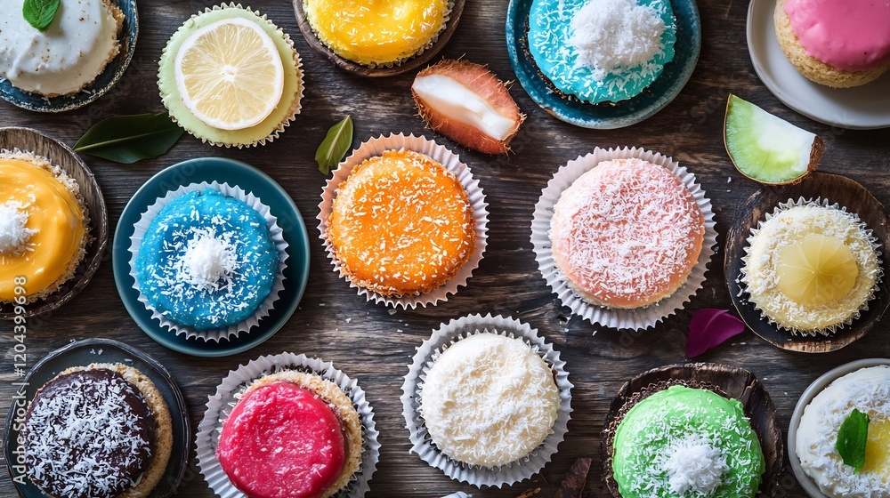 Vibrant Colorful Mini Cheesecakes Arranged Beautifully. AI Generated Vibrant Colorful Mini Cheesecakes Arranged Beautifully. AI Generated