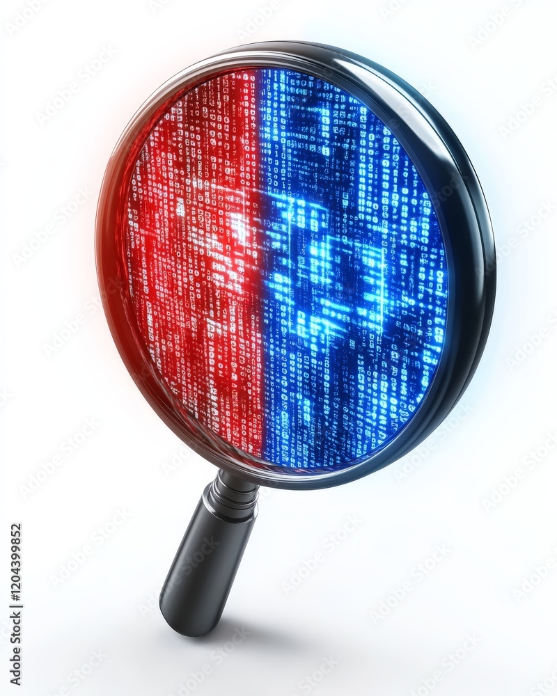 Magnifying glass highlighting red and blue digital code, symbolizing cyber security, data analysis, and precision in modern technology and online safety systems Magnifying glass highlighting red and blue digital code, symbolizing cyber security, data analysis, and precision in modern technology and online safety systems