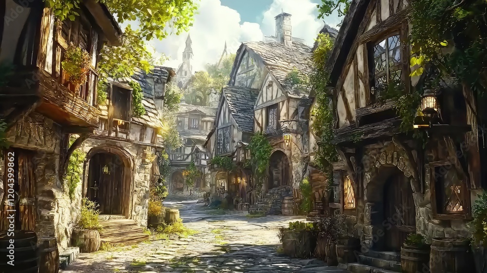 A charming medieval village with timber-framed houses, cobblestone streets, and ivy-covered walls bathed in warm sunlight. Ideal for fantasy or historical visuals, or storytelling concepts A charming medieval village with timber-framed houses, cobblestone streets, and ivy-covered walls bathed in warm sunlight. Ideal for fantasy or historical visuals, or storytelling concepts