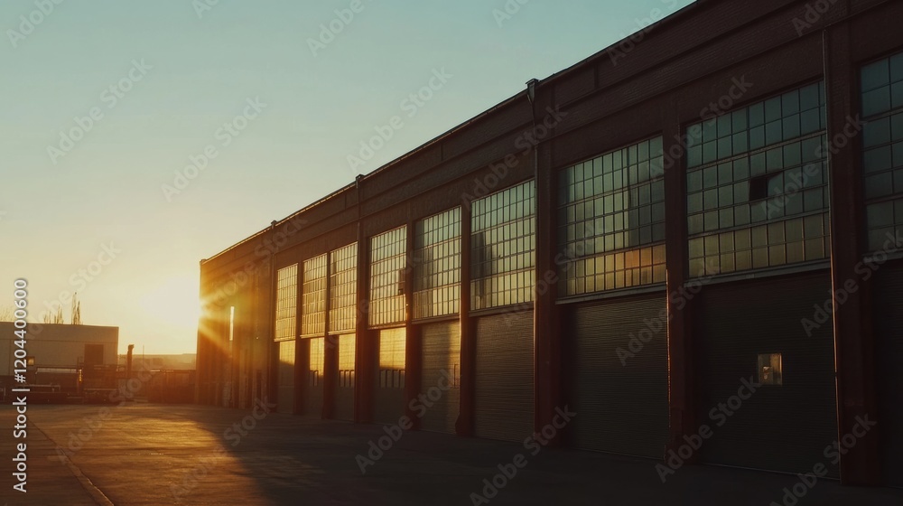 Sunrise reflecting off industrial building windows at dawn Sunrise reflecting off industrial building windows at dawn