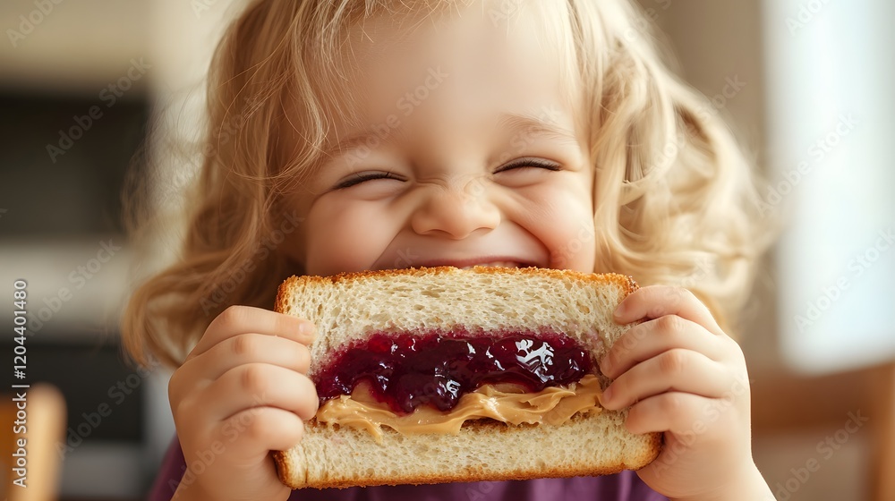 A child eating a peanut butter and jelly sandwich A child eating a peanut butter and jelly sandwich