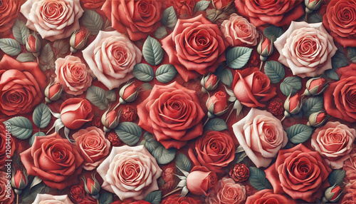 Natural fresh red and pink roses flowers pattern wallpaper. Red and pink rose flower wall background. Generative AI.