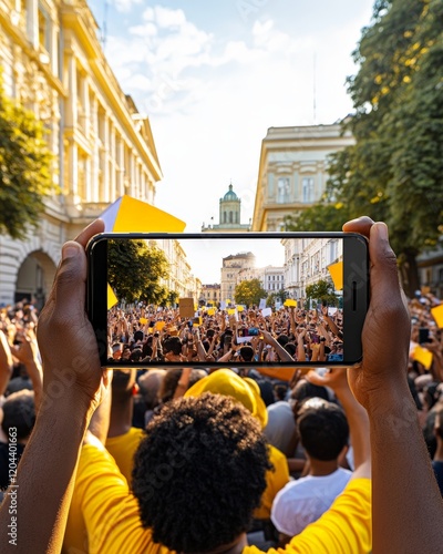 Large crowd holding signs and smartphones at an outdoor protest, symbolizing digital activism, social awareness, and grassroots movements in a high quality photo with warm tones photo