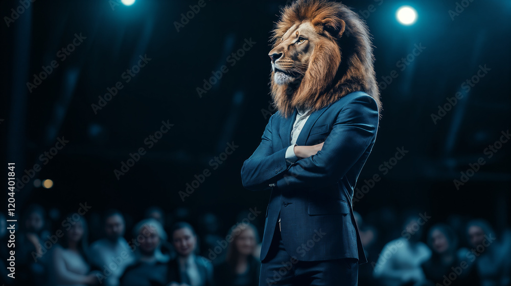 Obraz premium Antropomorphic Lion Leader Standing Confidently on Stage in Front of the Audience