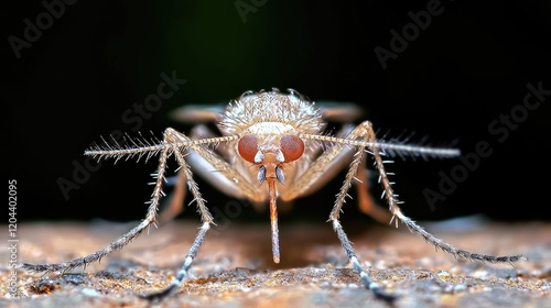 Close-up of a sand fly, facing the camera, on a dark background.
