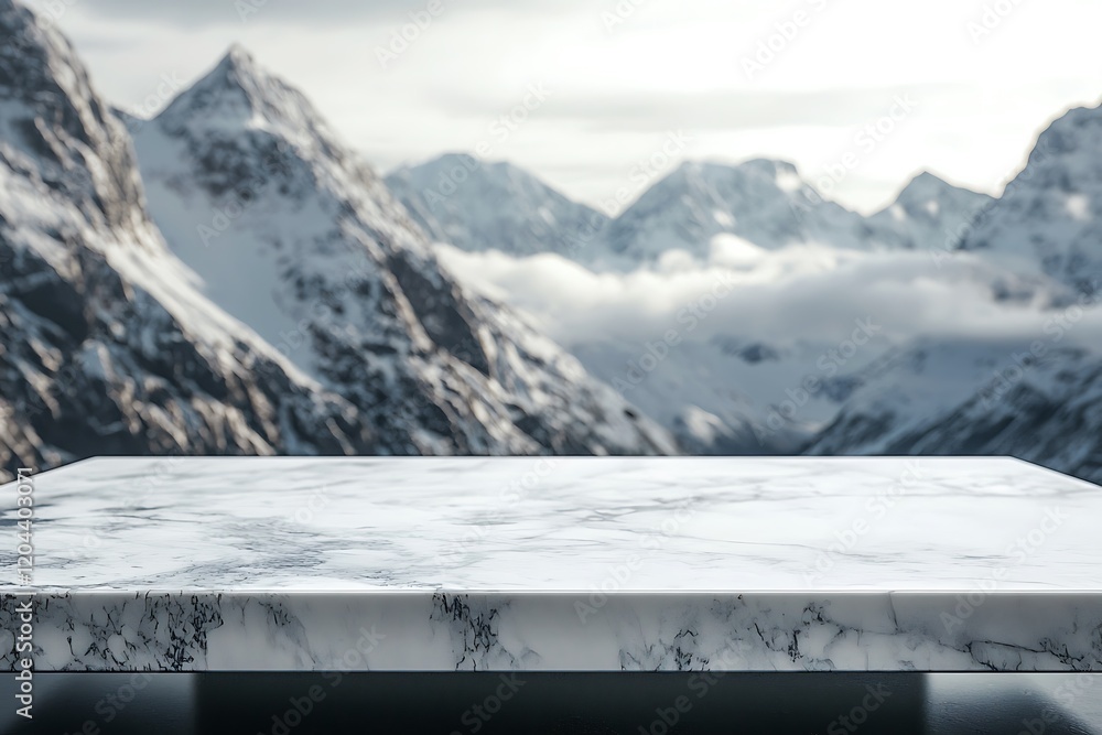 Generative AI created flat marble table with mountain scenery perfect for displaying premium products Generative AI created flat marble table with mountain scenery perfect for displaying premium products
