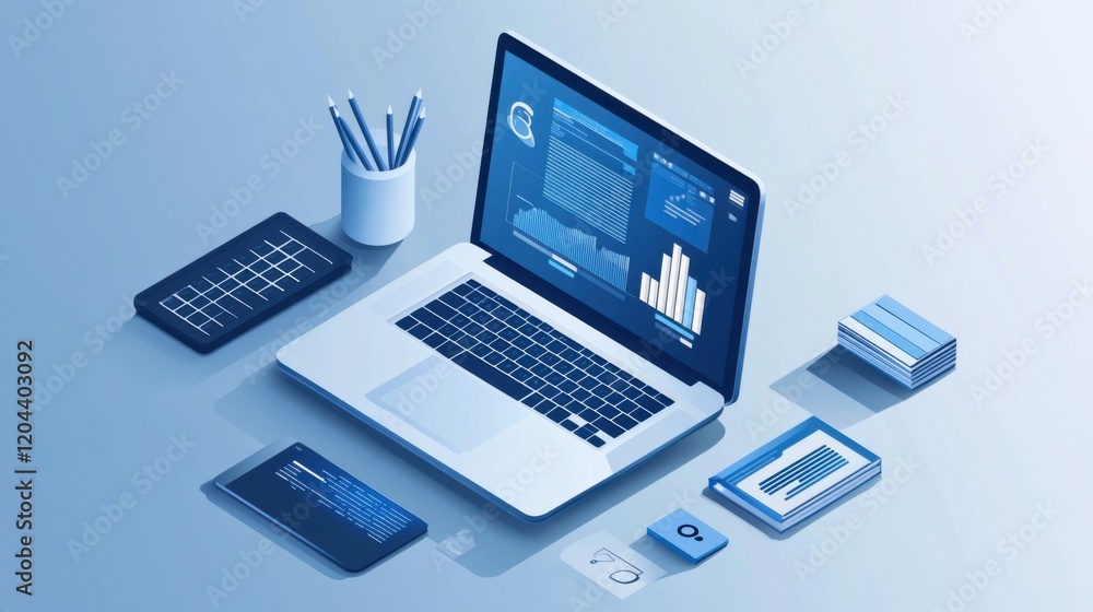Laptop on desktop with remote work interface Laptop on desktop with remote work interface