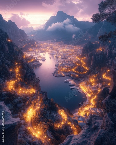 Wallpaper Mural Stunning Aerial View of a Serene Mountain Lake with Illuminated Winding Pathways at Twilight Surrounded by Majestic Peaks and Dreamy Cloudscapes Torontodigital.ca