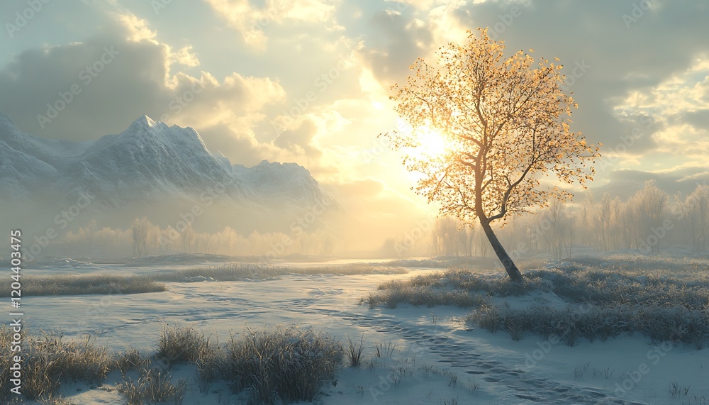 Solitary tree in a snowy landscape at sunset, with mountains in the background. Solitary tree in a snowy landscape at sunset, with mountains in the background.