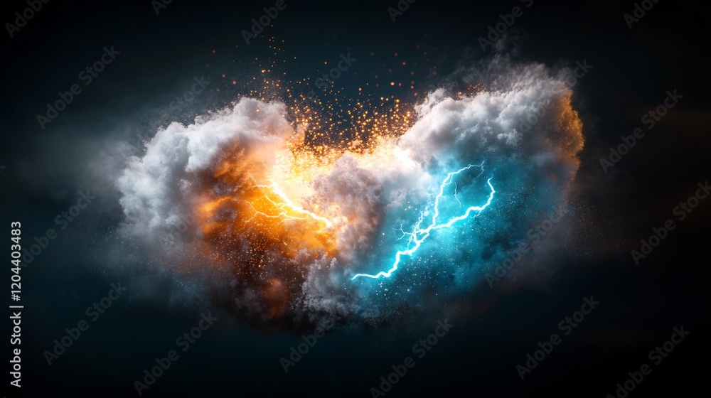 Fiery orange clashes icy blue lightning heart. AI Generated Fiery orange clashes icy blue lightning heart. AI Generated