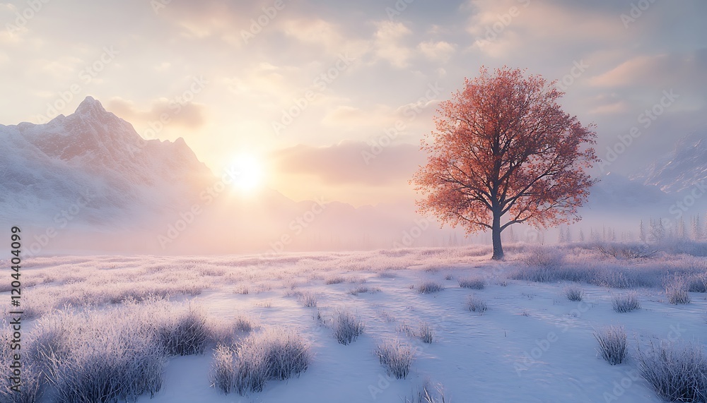 Solitary tree with orange leaves in a snowy landscape at sunset, with mountains in the background. Solitary tree with orange leaves in a snowy landscape at sunset, with mountains in the background.