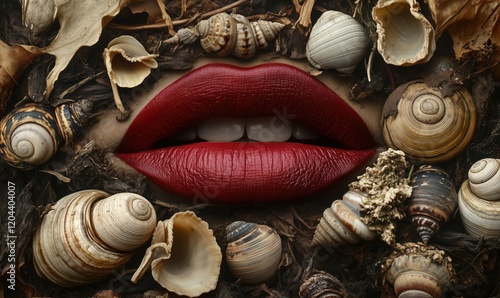 Bold Red Lips Surrounded by Natural Elements and Seashells, Evoking a Sense of Earthy Beauty and Elegance photo