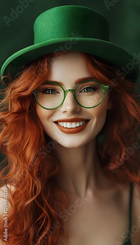 Modern trendy Saint Patrick's day woman.Smile Red Hair woman photo