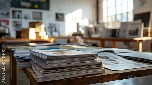 Typography workshop with stacks brochures on a table unreadable printed content photo