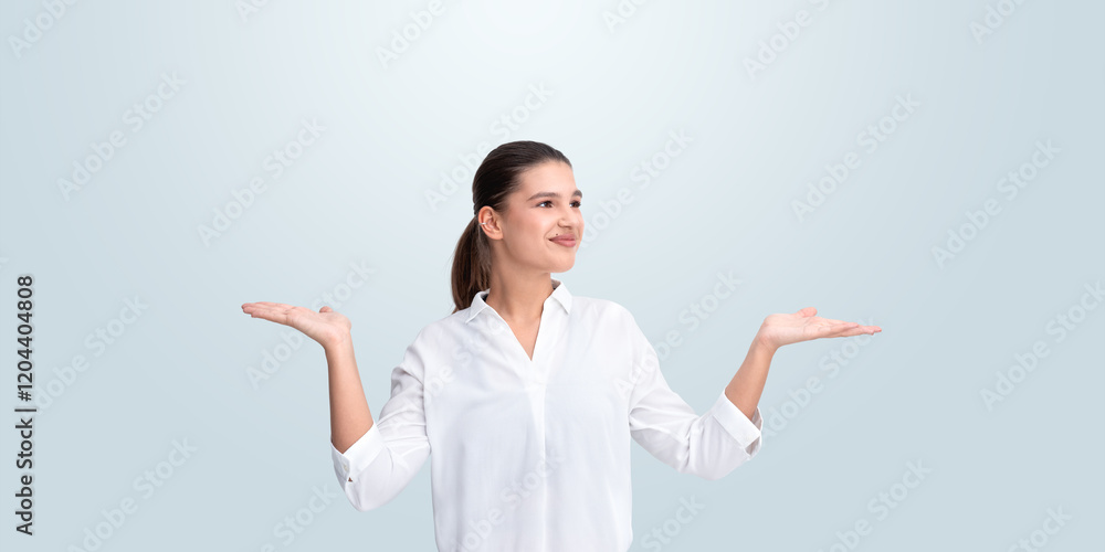 Woman in white shirt presenting with hands on light background. Woman in white shirt presenting with hands on light background.