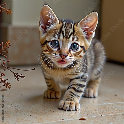 Adorable kitten curiosity, peeking around corner, alert cat, indoor exploration photo