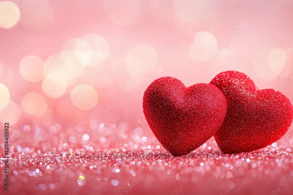 Close-up of two red velvet hearts resting on a soft, sparkling pink background Close-up of two red velvet hearts resting on a soft, sparkling pink background