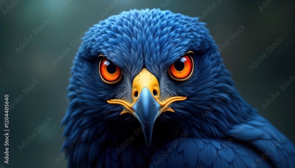 Close-up view of vibrant blue hawk. Intense orange eyes stare directly at viewer. Hawk beak striking yellow. Feathers appear detailed, realistic with sharp focus on head. Image dark background. Close-up view of vibrant blue hawk. Intense orange eyes stare directly at viewer. Hawk beak striking yellow. Feathers appear detailed, realistic with sharp focus on head. Image dark background.