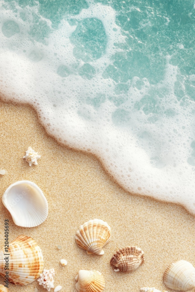 Sea wave with foam on golden sand, Shells and small pebbles on the sand Sea wave with foam on golden sand, Shells and small pebbles on the sand