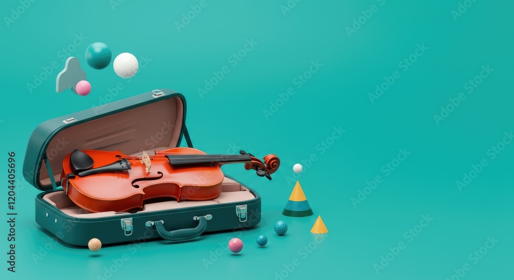 Naklejka premium Violin inside open suitcase with geometric shapes floating around on turquoise background