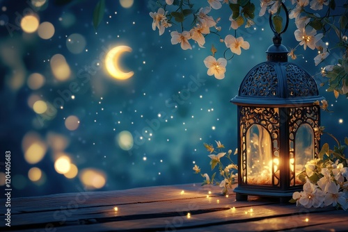 Wallpaper Mural A beautifully detailed lantern placed on a wooden surface with a crescent moon Torontodigital.ca