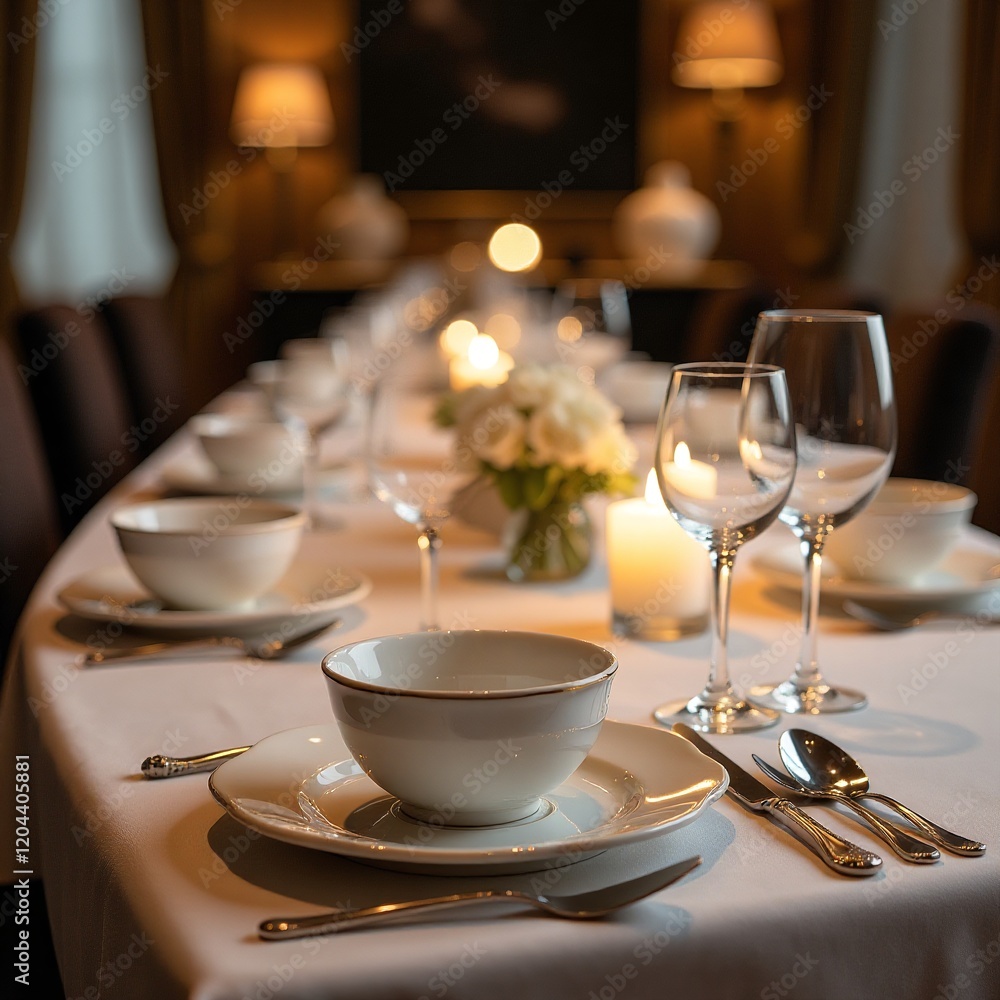 Elegant dining setup, fine china, crystal glassware, tastefully arranged table for formal dinner Elegant dining setup, fine china, crystal glassware, tastefully arranged table for formal dinner