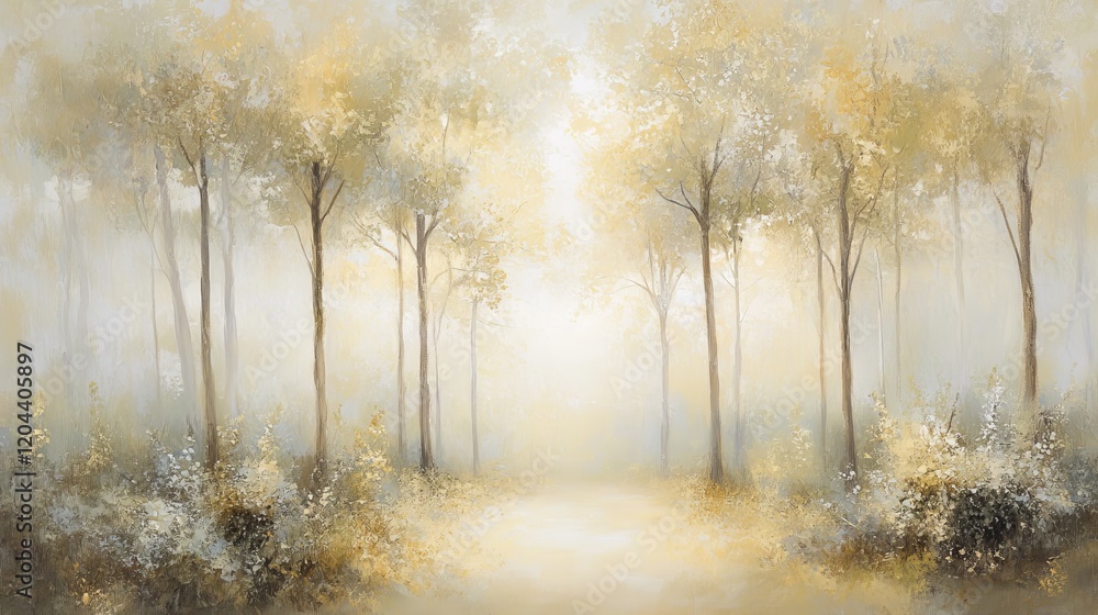 Fototapeta premium Dense forest with tall trees in haze, illuminated by the rays of the sun