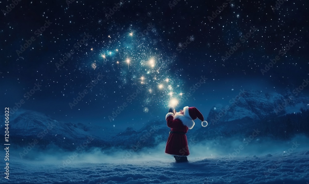 Magical Santa Claus casting spells in snowy landscape under starry night sky, enchanting winter wonderland scene