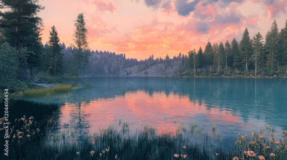 Fototapeta premium Morning lake with clear water in a pine forest