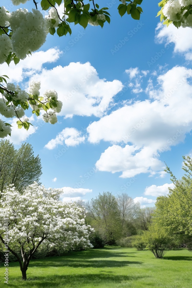 A beautiful sunny day with a clear blue sky and fluffy white clouds. The sky is dotted with white clouds and the sun is shining brightly. The trees are lush and green A beautiful sunny day with a clear blue sky and fluffy white clouds. The sky is dotted with white clouds and the sun is shining brightly. The trees are lush and green