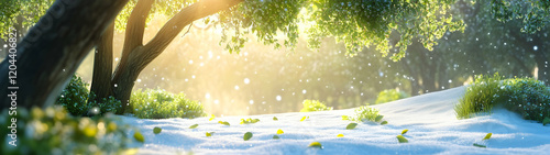 Forest in the beginning of spring with first green leaves on the trees and ground still covered with snow. Concept of spring coming, winter leaving and change.