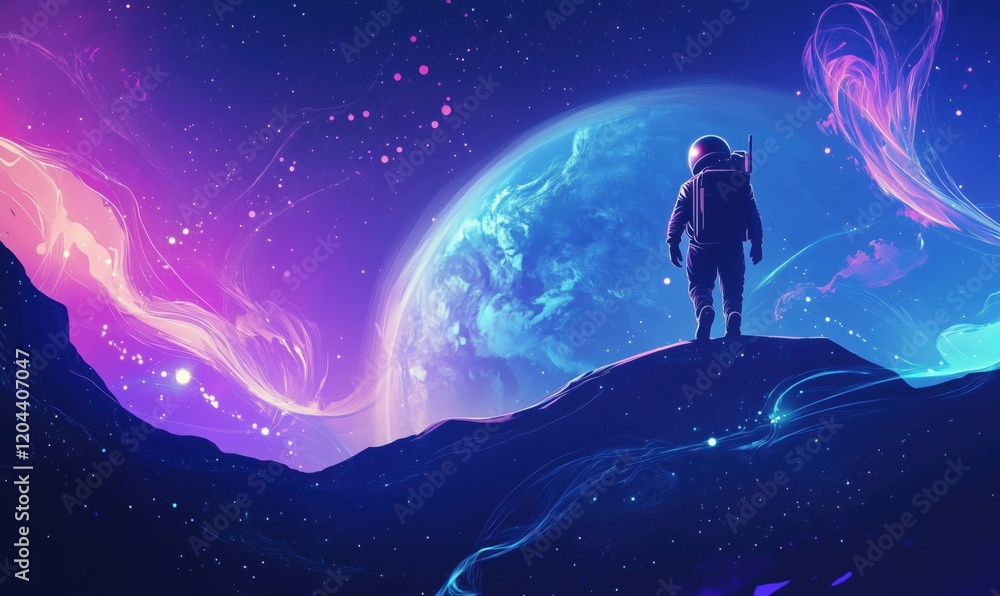Astronaut gazing at vibrant cosmic landscape with Earth in background, colorful nebulae and swirling energy patterns, surreal space exploration scene Astronaut gazing at vibrant cosmic landscape with Earth in background, colorful nebulae and swirling energy patterns, surreal space exploration scene