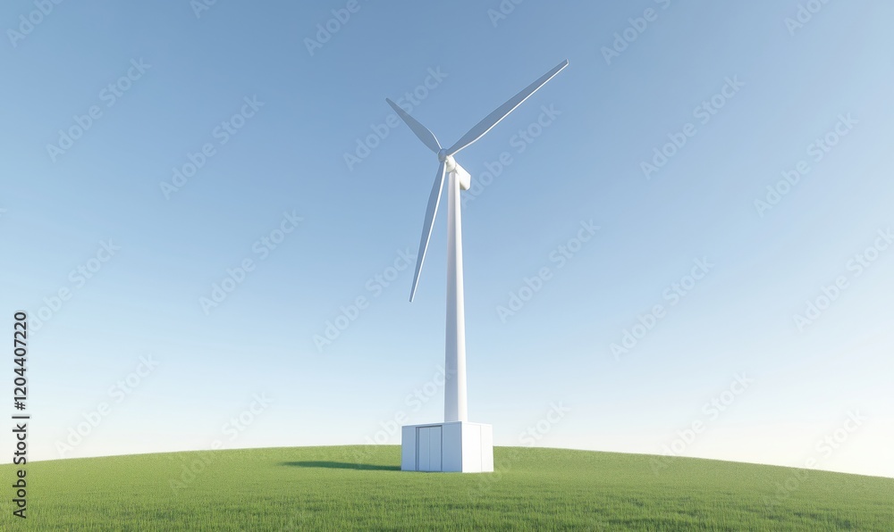 Wind turbine on green hill under clear blue sky, showcasing renewable energy technology and sustainable development Wind turbine on green hill under clear blue sky, showcasing renewable energy technology and sustainable development