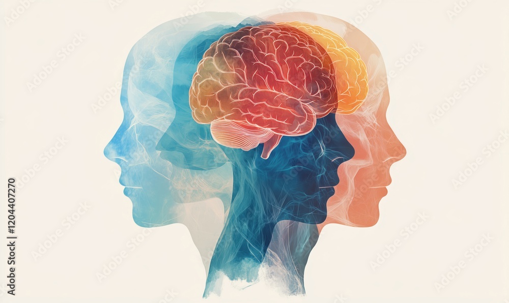 Human brain illustration showcasing cognitive processes, emotions, and mental health with overlapping silhouettes in blue and orange hues Human brain illustration showcasing cognitive processes, emotions, and mental health with overlapping silhouettes in blue and orange hues