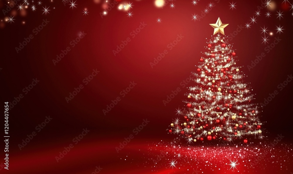 Christmas tree adorned with golden star, red ornaments, sparkling lights, and festive decorations against a rich red background Christmas tree adorned with golden star, red ornaments, sparkling lights, and festive decorations against a rich red background