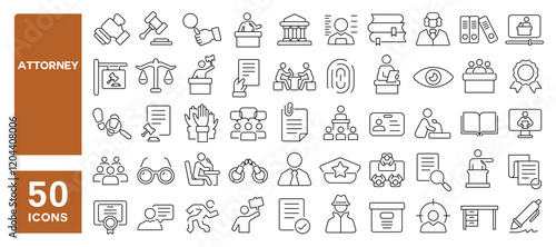 Set of 50 line icons related to attorney, lawyer, law, legal, document, scales, security, defense, investigation, protection, justice, judge, Editable stroke. Vector illustration